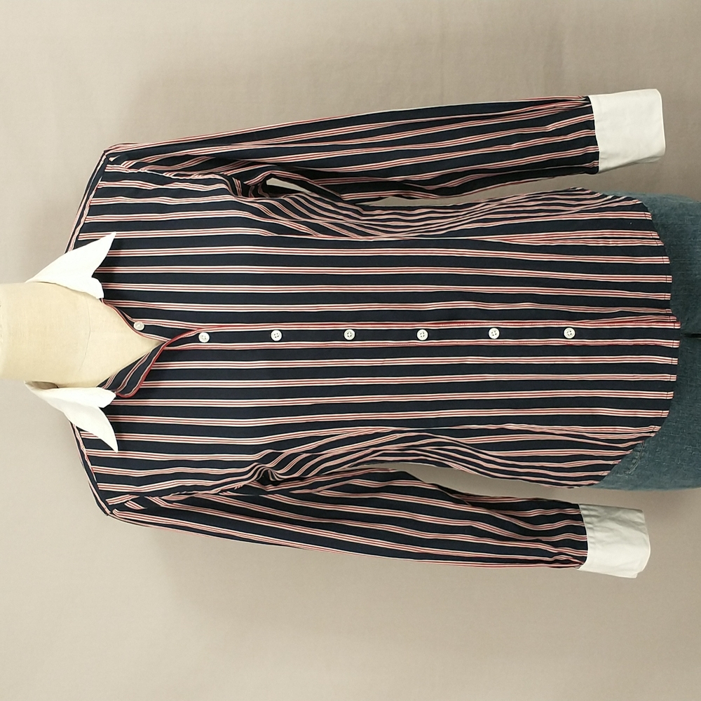 Tailored White Collar Blue&Red Stripe Shirt Classic Brooks Brothers Quality Prep